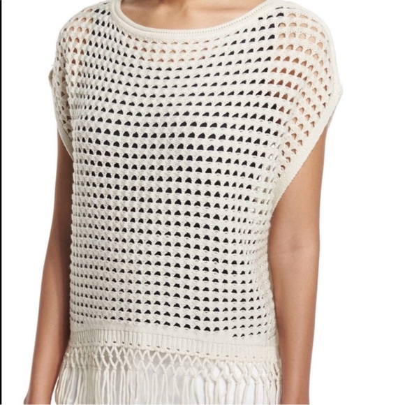 Elie Tahari Sweaters - Elie Tahari Pandora Wool Cashmere Open Knit Sweater Poncho Fringe. Cream. XS